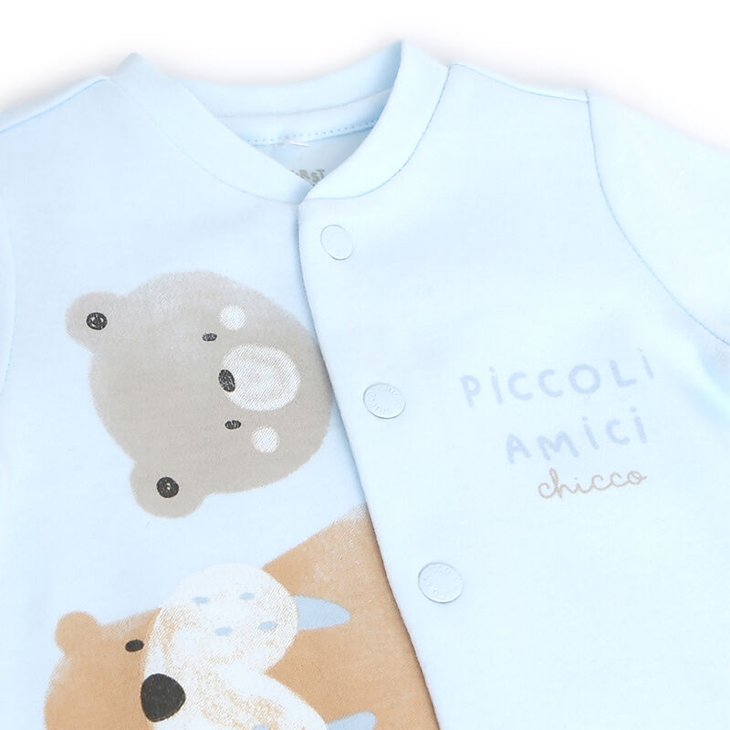 Boys Light Blue Printed Front Opening Babysuit image number 2